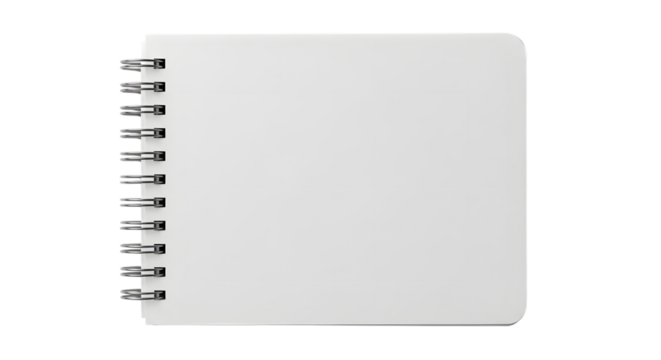 White spiral bound notebook with silver metal binding and rounded corners isolated on a transparent background
