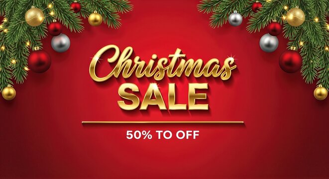 Christmas sale banner featuring golden text on a vibrant red background adorned with festive ornaments and pine branches, promoting holiday discounts and seasonal shopping excitement