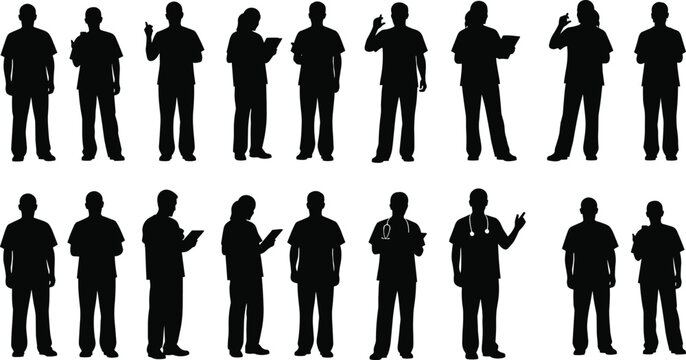Silhouette collection of medical professionals standing with clipboards and stethoscopes, representing healthcare workers, doctors and nurses in vector illustration style