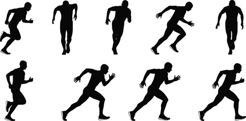 Silhouette collection of running athletes, sprinting poses, fitness training movement, sports runner illustrations, dynamic action figures for exercise design