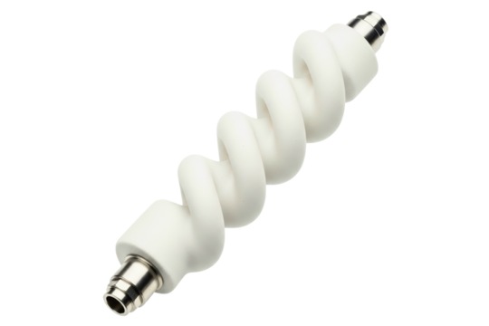 White spiral-shaped industrial part with metal fittings isolated with transparent background