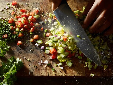 Close-up of a person chopping fresh vegetables including tomatoes celery and herbs on a wooden cutting board in a kitchen