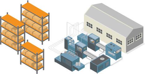 Isometric illustration of modern warehouse and automated production line showing logistics, packaging, and industrial manufacturing process in operation