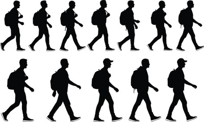 Silhouette sequence of walking man with backpack, isolated black figure animation frames showing motion cycle for graphic design and creative projects