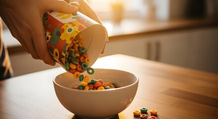 Person pouring colorful cereal from a container into a bowl
