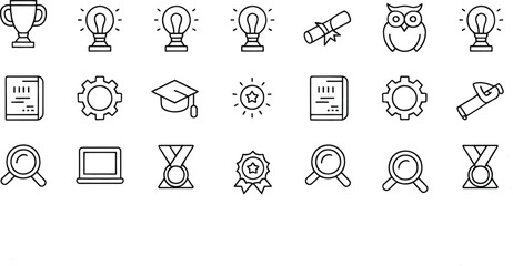 Education Line Icons – Graduation, Diploma, Learning, Knowledge, Award, Research, Online Study, Lightbulb, Owl, School Tools – Minimal Vector Outline Pack
