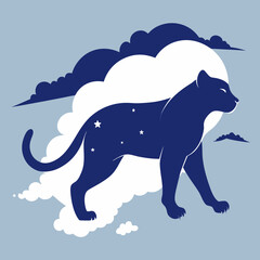 Dark blue panther with stars walks through clouds silhouette isolated on white background isolated on transparent background