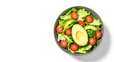 Fresh avocado salad with cherry tomatoes and lettuce in a bowl on on transparent background