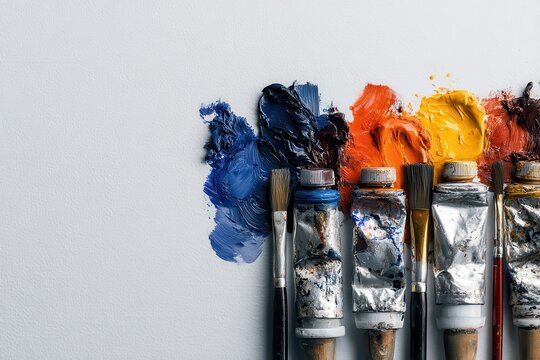 Artist's Colorful Oil Paints and Brushes on White Canvas Background Overhead Flat Lay Still Life Studio Shot