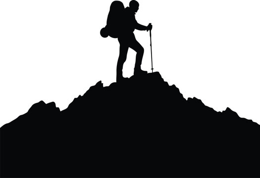 Dynamic silhouette of a resilient hiker conquering a majestic mountain summit, symbolizing triumph, adventure, and the rewarding spirit of outdoor achievement