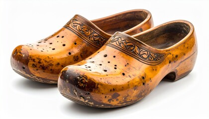 Traditional Wooden Clogs with Floral Vine Patterns on Polished Brown Surface Representing Cultural Craftsmanship