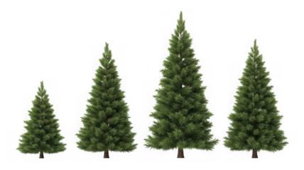 Different sized green pine trees isolated for forest design isolated on transparent background