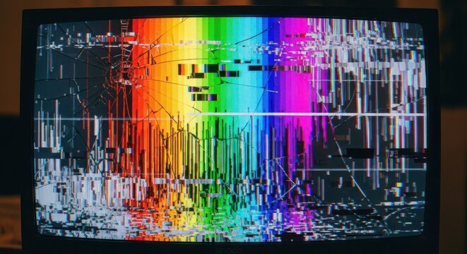 Close up of an old television screen displaying a colorful rainbow test pattern with heavy static and a cracked screen