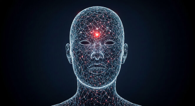 Digital human head with glowing connections representing artificial intelligence on transparent background