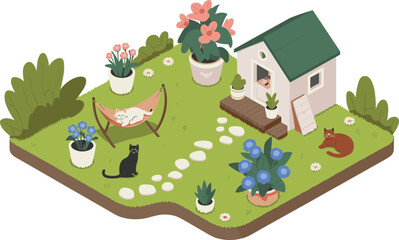 Isometric illustration of peaceful garden with cats resting near house, hammock, and flowers, cozy outdoor scene for pet lovers