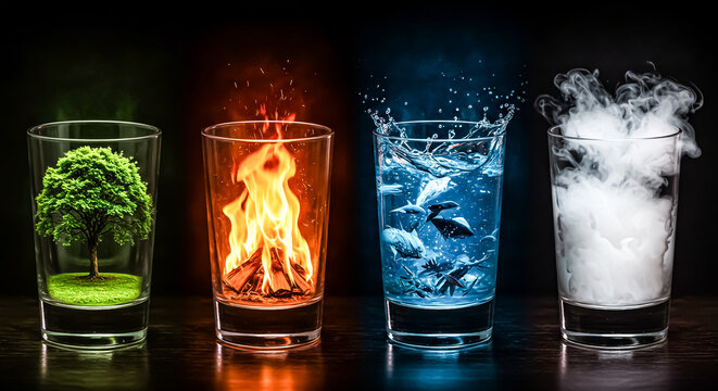 Four glasses representing earth fire water and air on a dark background on transparent background