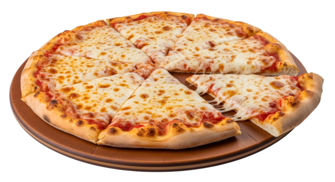 Whole cheese pizza cut into slices with melted cheese stretching on a wooden board isolated on a transparent background