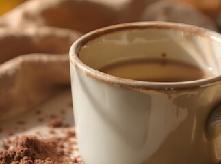 Ceramic Cup Of Coffee With Cocoa Powder Close Up View