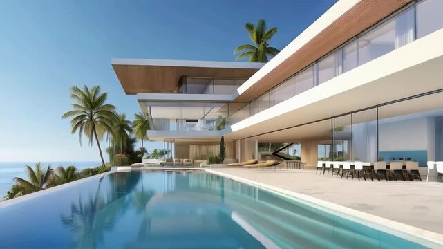 A modern villa with a swimming pool and palm trees by the sea embodies luxury and comfort, providing an excellent atmospheric backdrop for advertising real estate or tourist services.
