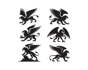 griffin silhouette, griffin vector, griffin collection, griffin set, winged creature silhouette, powerful griffin art, griffin icon collection, 