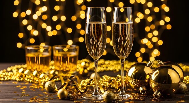 A festive arrangement featuring champagne flutes, golden ornaments, and sparkling lights, creating a celebratory atmosphere perfect for toasting to new beginnings and joyful occasions