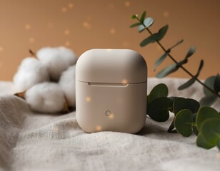 Close up of a beige wireless earbud case on a cotton surface