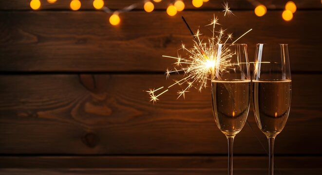 Elegant celebration scene featuring two champagne flutes filled with golden liquid, a sparkling sparkler, and warm fairy lights against a rustic wooden backdrop, creating a festive atmosphere