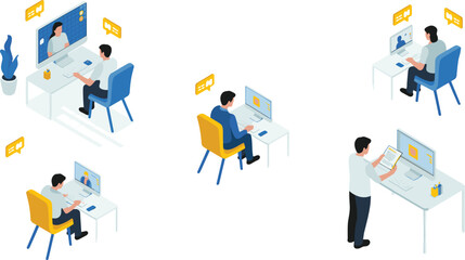Isometric illustration of remote work and video conferencing with people communicating online using computers, digital meeting, and online collaboration tools