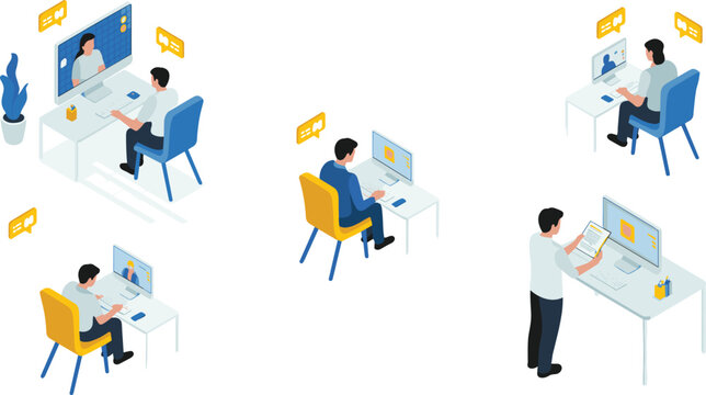 Isometric illustration of remote work and video conferencing with people communicating online using computers, digital meeting, and online collaboration tools
