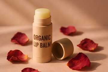 Lip balm tube next to scattered rose petals on a peach surface