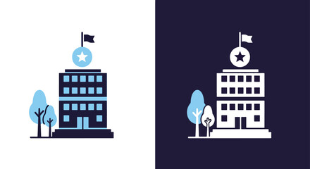 Two buildings with flags on top - Vector icon symbol for website - Icon vector - Blue icon vector - Line and glyph solid icon and logo template