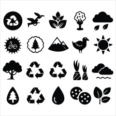 Minimal Nature and Environment  Icon Set Featuring Eco Symbols, Sustainability Elements, Organic Shapes, Wildlife, Climate and Earth Graphics