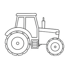 A simple side-view green tractor coloring page featuring bold outlines, big tires, and a sturdy cab, perfect for kids to fill with bright farm colors and creative details.