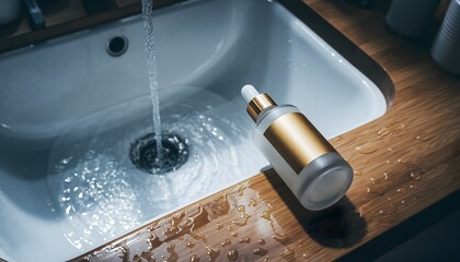 Skincare bottle beside running water droplets in a modern sink
