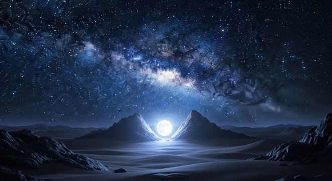 Mysterious glowing portal between ancient pyramids under a vast star filled milky way galaxy