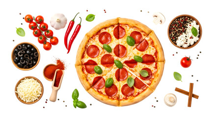 Whole pepperoni pizza with fresh ingredients scattered around on a dark surface isolated on a transparent background