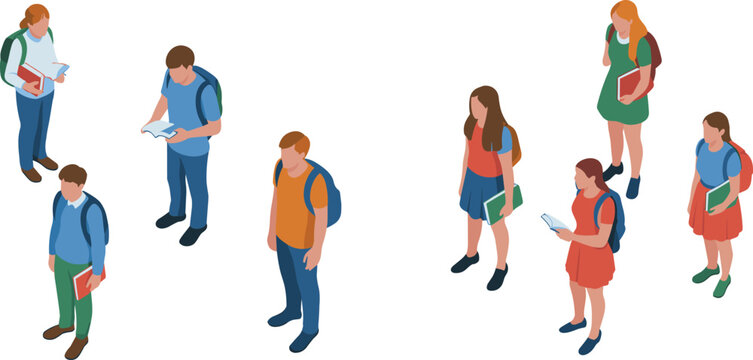 Isometric illustration of students standing and reading with backpacks, modern education concept showing diverse learners studying together on campus