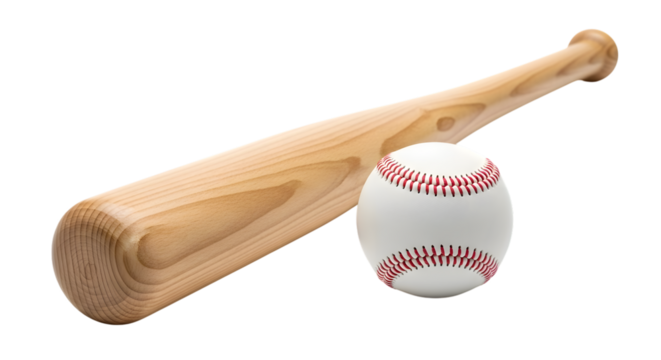 Wooden baseball bat and white baseball with red stitching isolated on a transparent background sports equipment