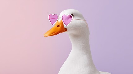 White duck wearing heart-shaped sunglasses poses against a soft pastel gradient background, showcasing a playful and whimsical atmosphere perfect for creative projects
