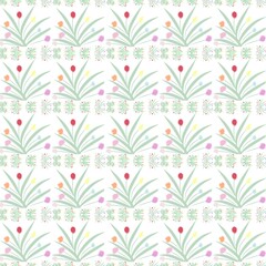The image is a repeating pattern on a white background, primarily featuring stylized light green plants with small red, orange, and purple flower buds.
