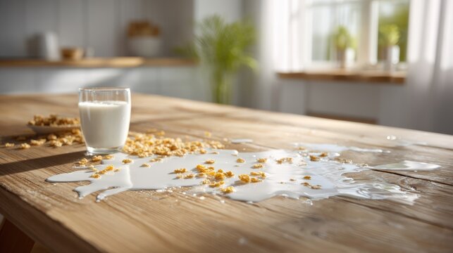 Glass of milk spilled on wooden table with scattered cereal, creating a messy yet inviting breakfast scene in a bright kitchen atmosphere with natural light