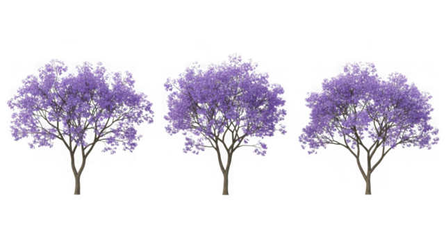 Three vibrant purple blooming jacaranda trees isolated on white isolated on transparent background