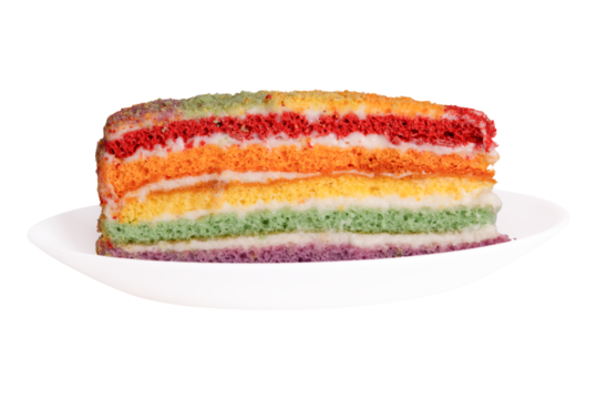 Piece of rainbow cake on a plate isolated on transparent background.