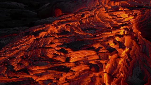 Molten lava flow in volcanic terrain, close-up, glowing red, texture and pattern, can symbolize power