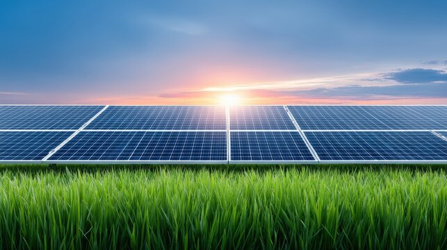 Solar panels installed in a green field, capturing sunlight at sunrise, showcasing renewable energy technology and sustainable practices in a natural environment - Powered by Adobe