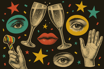 Vintage festive collage with champagne lips hands and stars. Bright colors create joyful celebratory mood. Textured details add expressive retro feeling