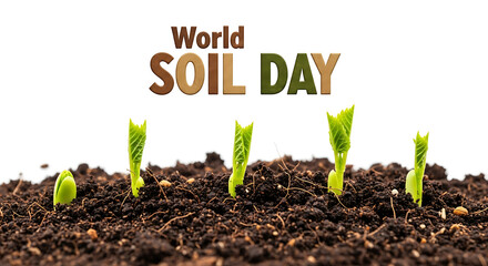 World soil day celebration with young plants growing from rich dark soil