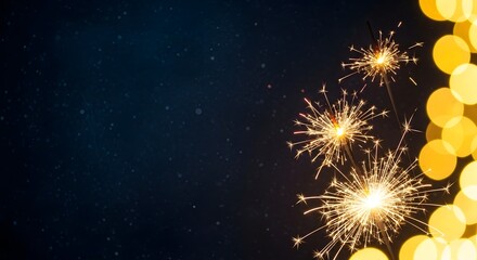Sparkling new years eve background with golden bokeh lights and sparklers on a dark blue surface, creating a festive and magical atmosphere for celebration