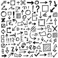 Naklejka premium Hand drawn arrows and symbols arranged in expressive chaotic composition. Bold strokes create dynamic energetic feeling. Rough shapes add playful creative character