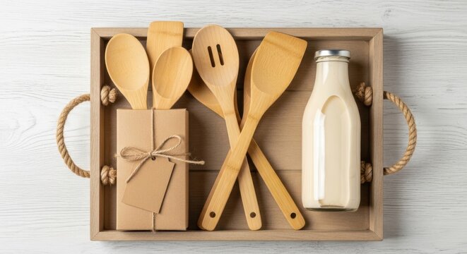 Natural wooden kitchen utensils and a bottle of milk arranged in a rustic tray on a white wooden surface